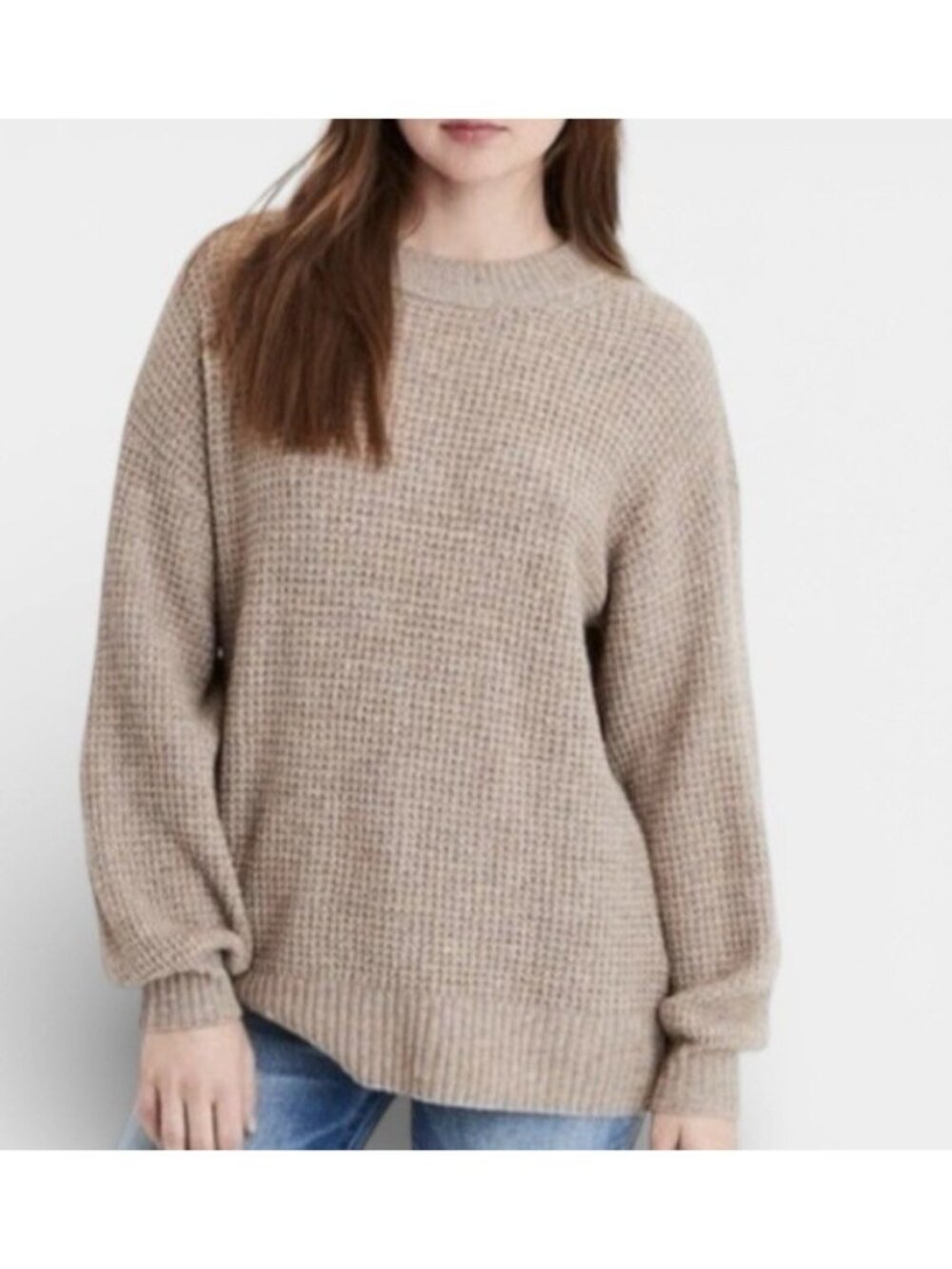 Aerie Waffle Oversized Knit Sweater Crewneck Cozy Brown Women’s S
